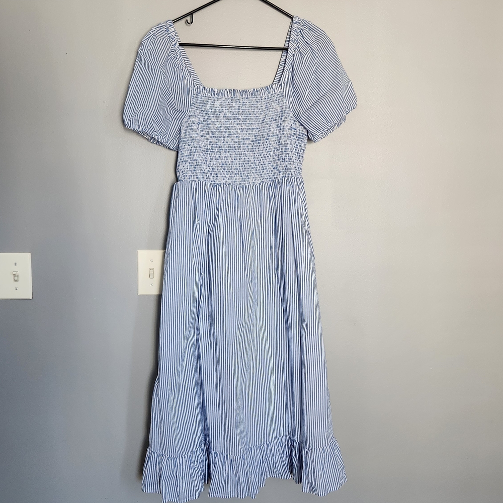 J Crew Midi Puff Sleeve White And Blue Striped Dress - Picture 3 of 11